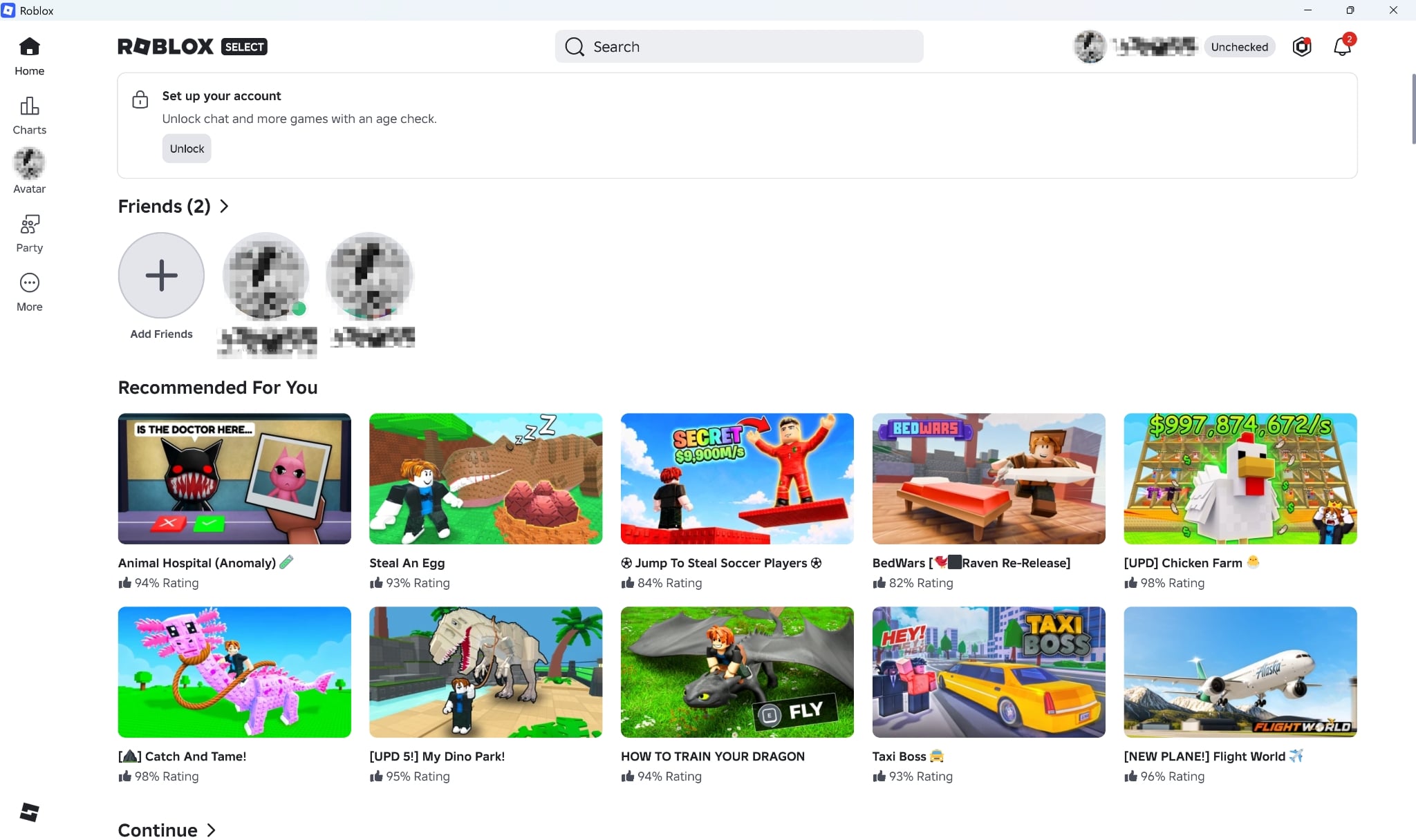 Startsiden p&aring; Roblox, med meny til venstre, s&oslash;kefelt &oslash;verst, venneliste og anbefalte spill p&aring; hovedsiden.