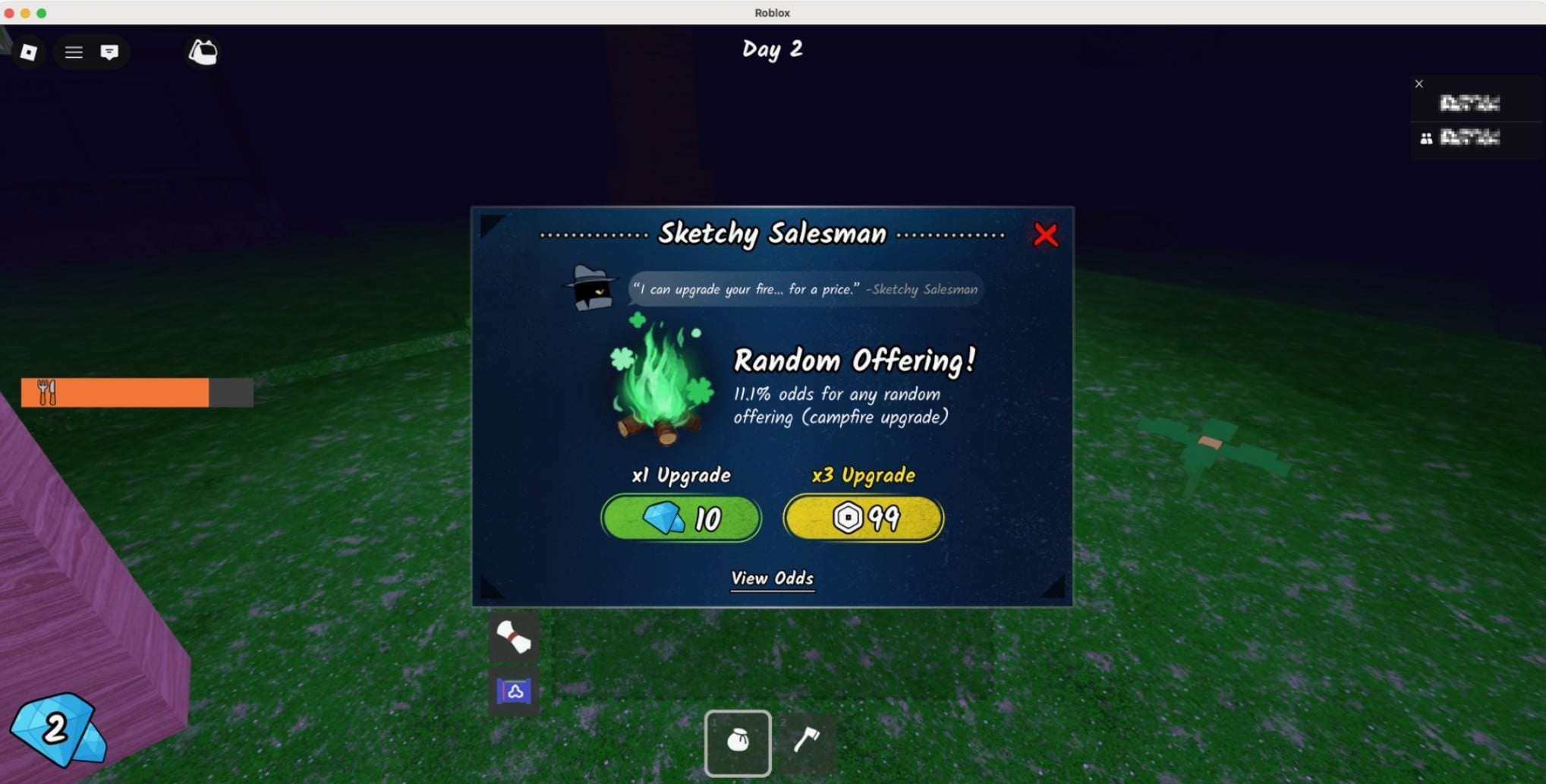 Skjermbilde fra Roblox-spill med tilbud om tilfeldig oppgradering, kj&oslash;pt med spillvaluta eller Robux.
