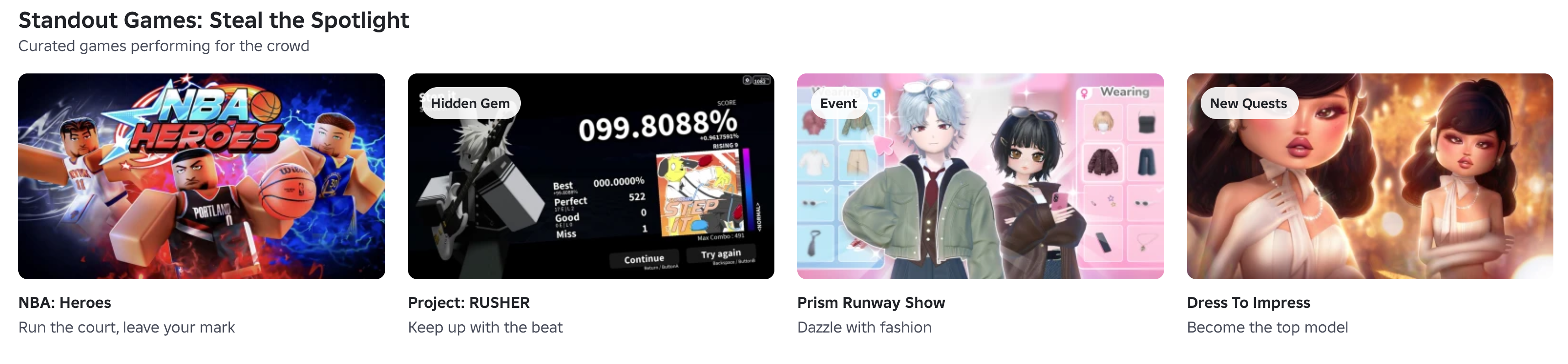Roblox-side med utvalgte spill: NBA: Heroes, Project: RUSHER, Prism Runway Show og Dress To Impress.