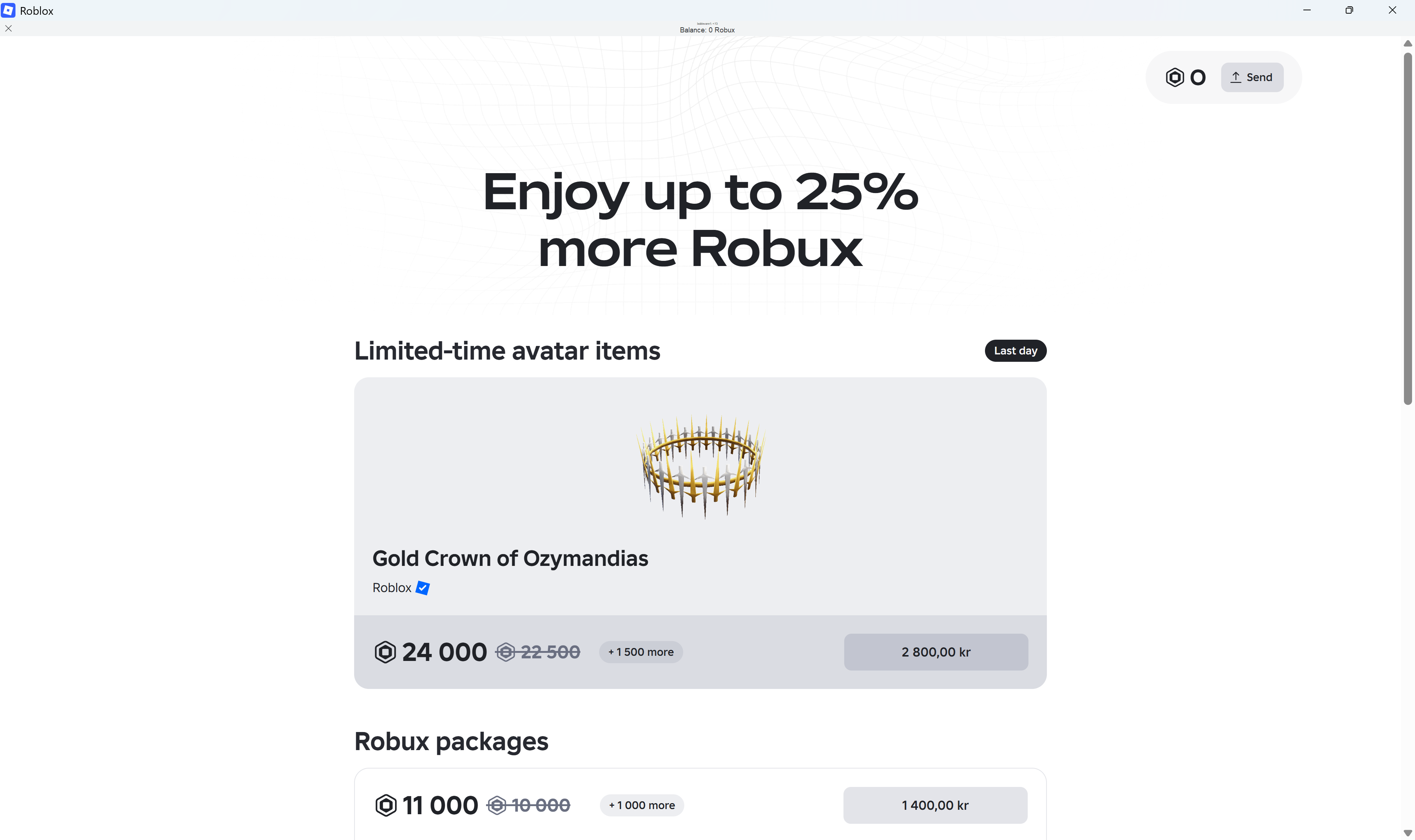 Roblox-side med tidsbegrenset, rabattert tilbud p&aring; en avatargjenstand til 24 000 Robux, tilsvarende 2 800 kroner.