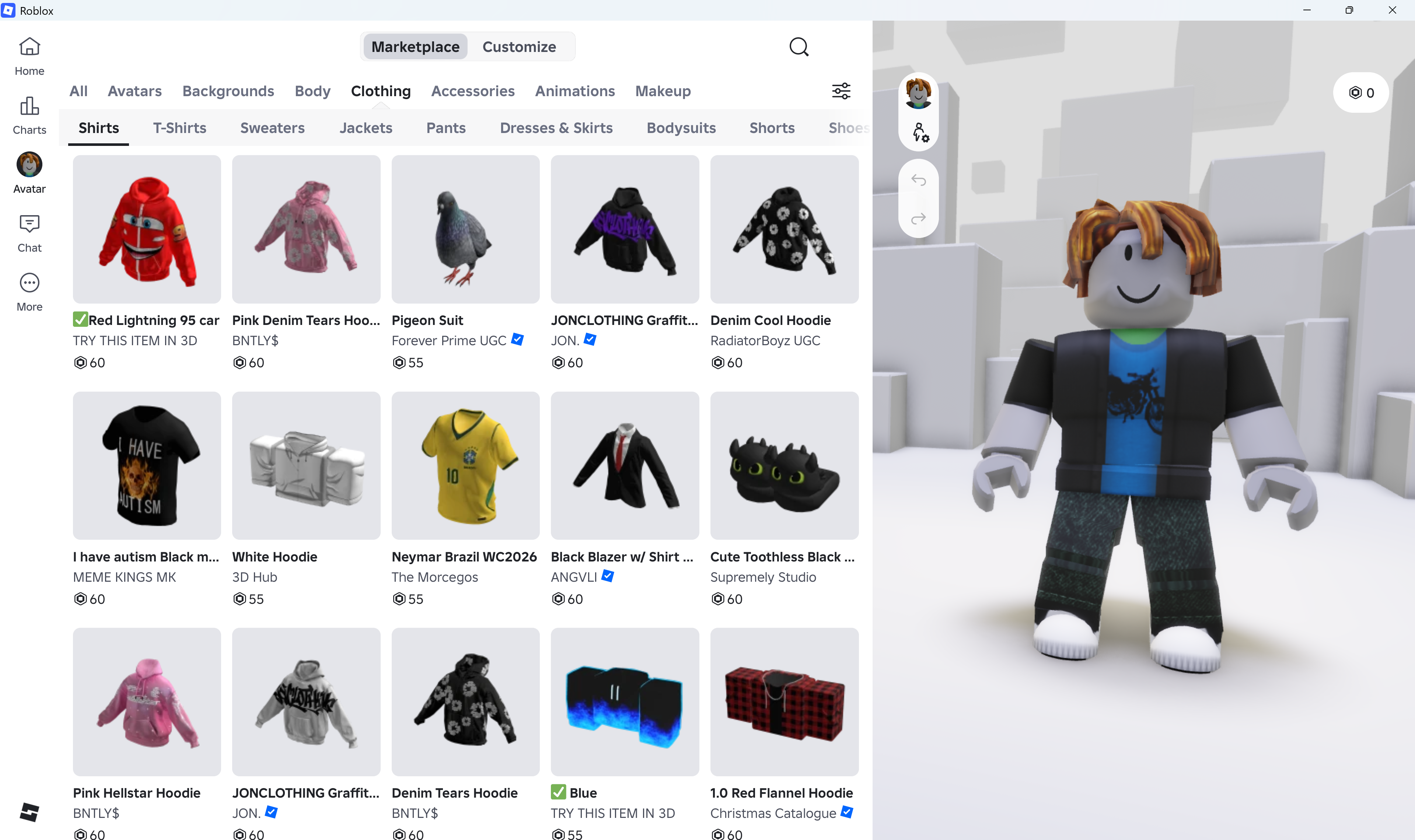 Roblox Marketplace med kl&aelig;r til avatarer og forh&aring;ndsvisning av en avatar ved siden av.