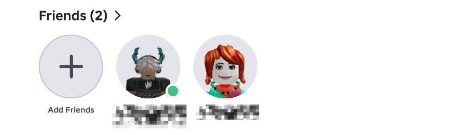 Roblox-visning av venneliste med to venner og knapp for &aring; legge til nye venner.