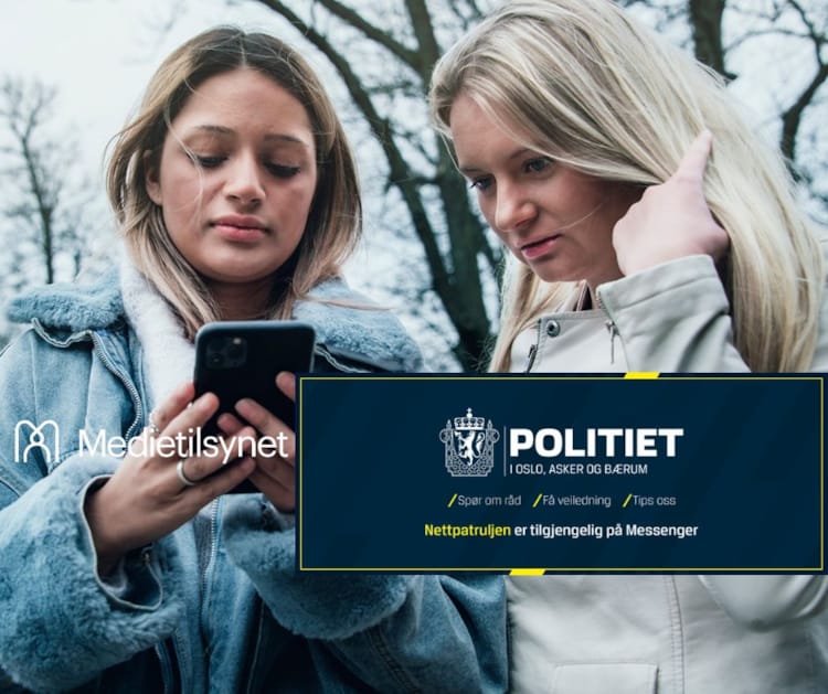 Bildet viser to tenåringsjenter som ser på mobilen sammen. Logo for Medietilsynet og Politiet i Oslo, Asker og Bærum ligger oppå bildet. Foto Medietilsynet 
