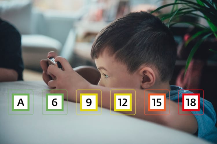 Gutt ser på mobilen. Foran er illustrasjon av de eksisterende aldersgrensene i Norge: Tillatt for alle, 6 år, 9 år, 12 år, 15 år og 18 år. Foto Medietilsynet
