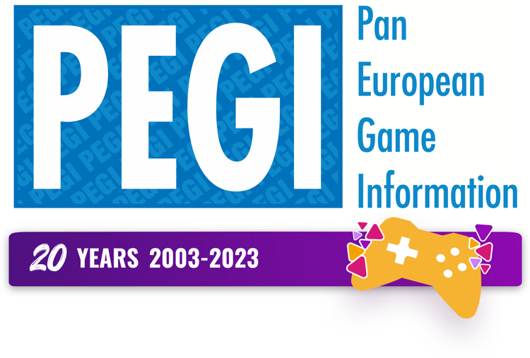 PEGIs logo for 20-årsjubileumet. PEGI står med store bokstaver sammen med årstallene 2003-2023.