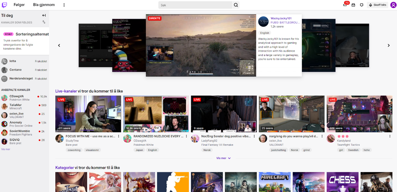 Skjermdump frå desktopversjon av Twitch