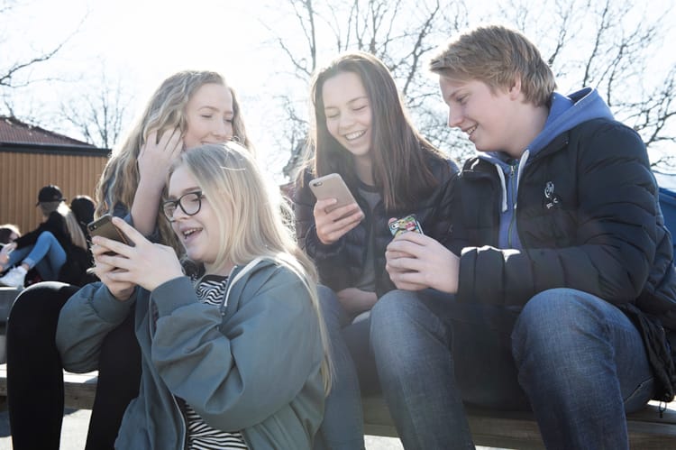 Ungdommer med mobil i sola. Foto: Medietilsynet