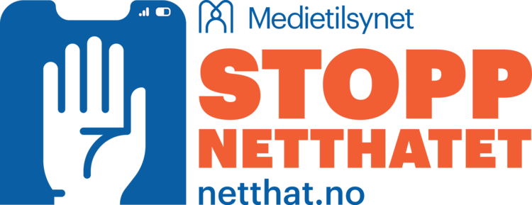 Bilde er en illustrasjonslogo som viser en hånd som symboliserer stopp! Teksten sier "Stopp netthatet. Netthat.no".