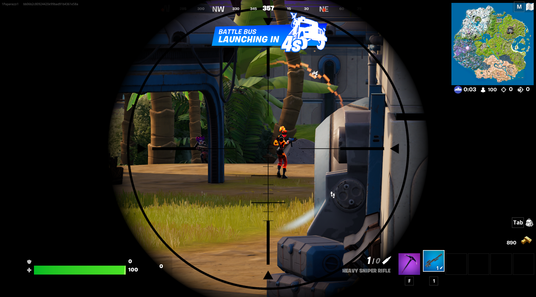 Fortnite er et svært populært animert spill. Bildet viser zooming gjennom gevær der man sikter på en motspiller. Foto Epic Games.