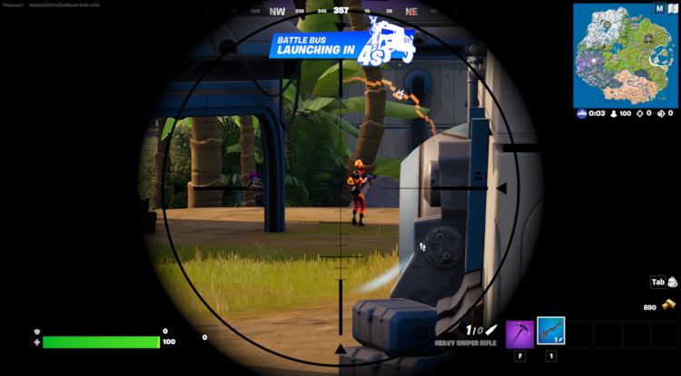 Fortnite er et svært populært animert spill. Bildet viser zooming gjennom gevær der man sikter på en motspiller. Foto Epic Games.