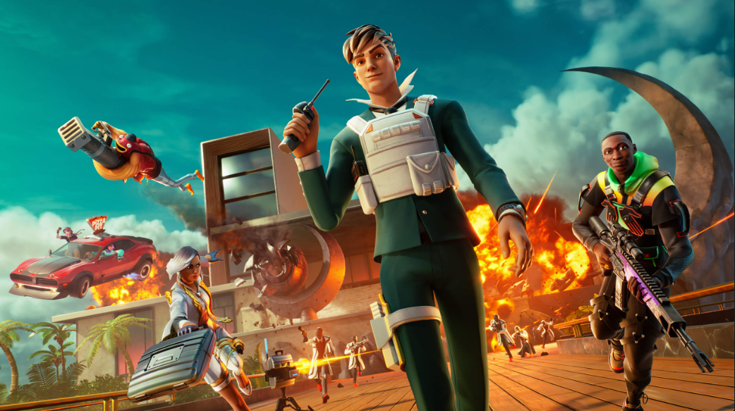 Illustrasjon av spillet Fortnite. Spillkarakterene løper fra en bygning som er i ferd med å eksplodere.