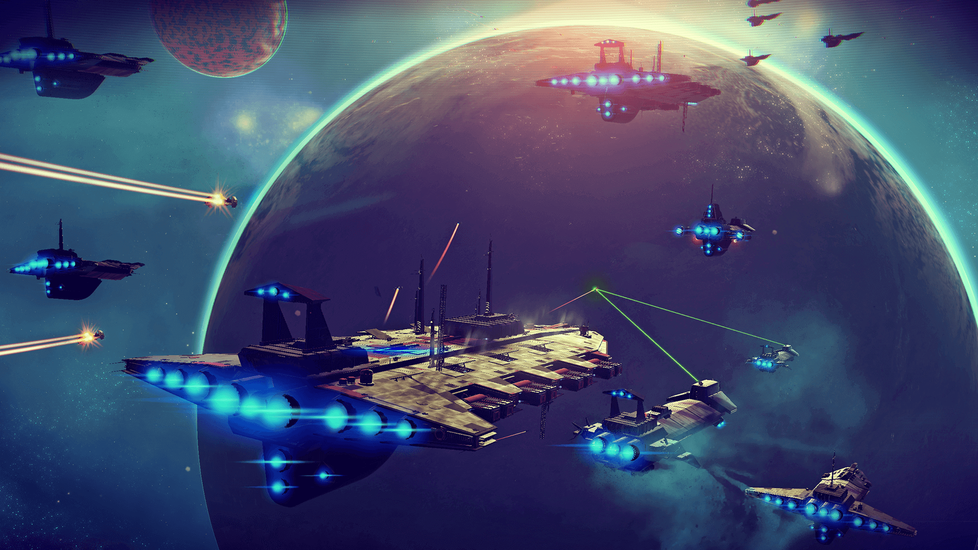 Skjermdump fra spillet No Man's sky. Mange romskip har kurs mot en planet i høy hastighet.
