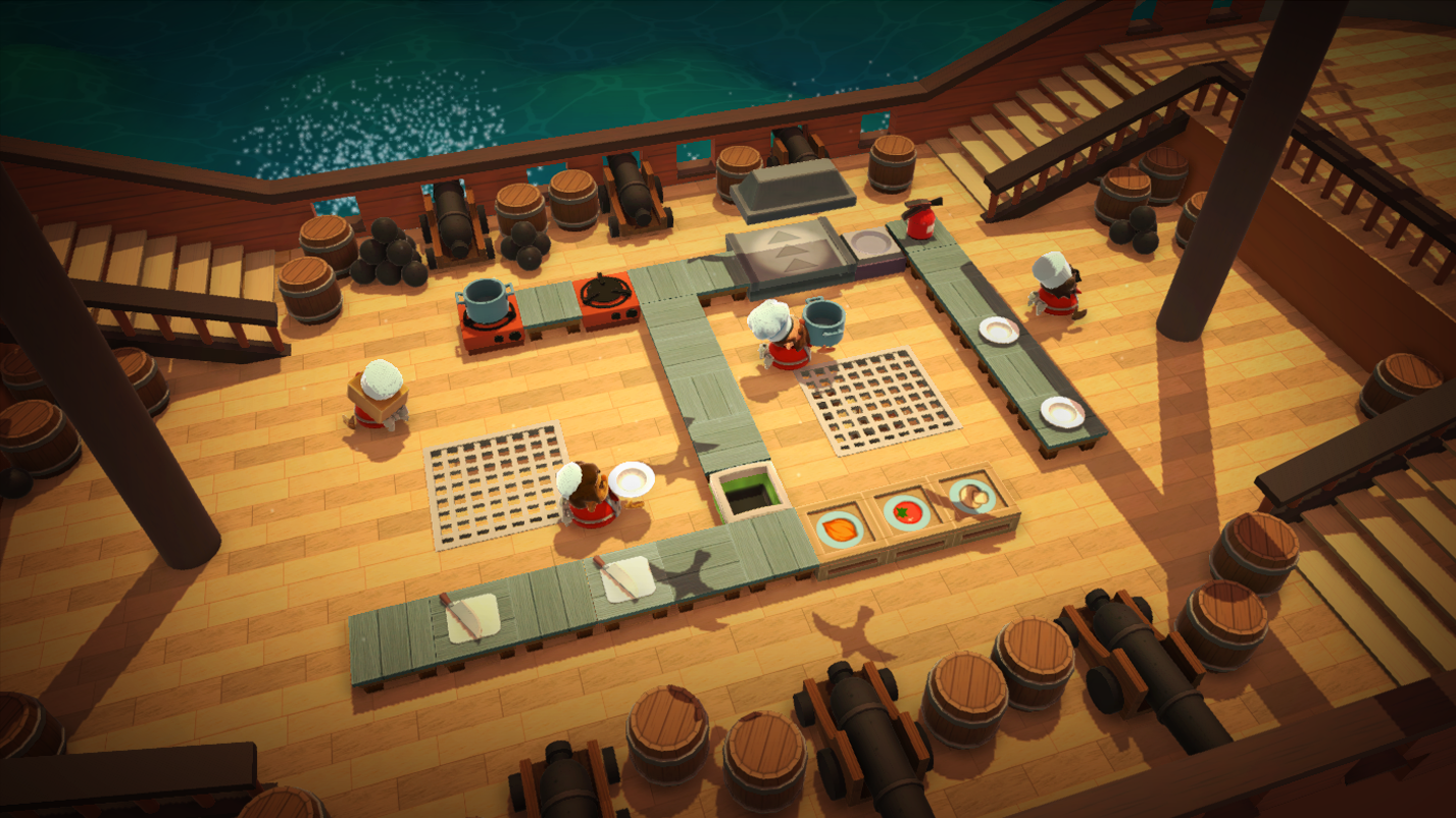 Skjermdump fra overcooked. Små karakterer lager mat på en stor skute.