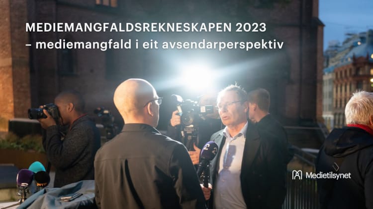 Illustrasjonsbilete for mediemangfaldsrapporten - ein journalist sett bakfrå som intervju ein mann utandørs.