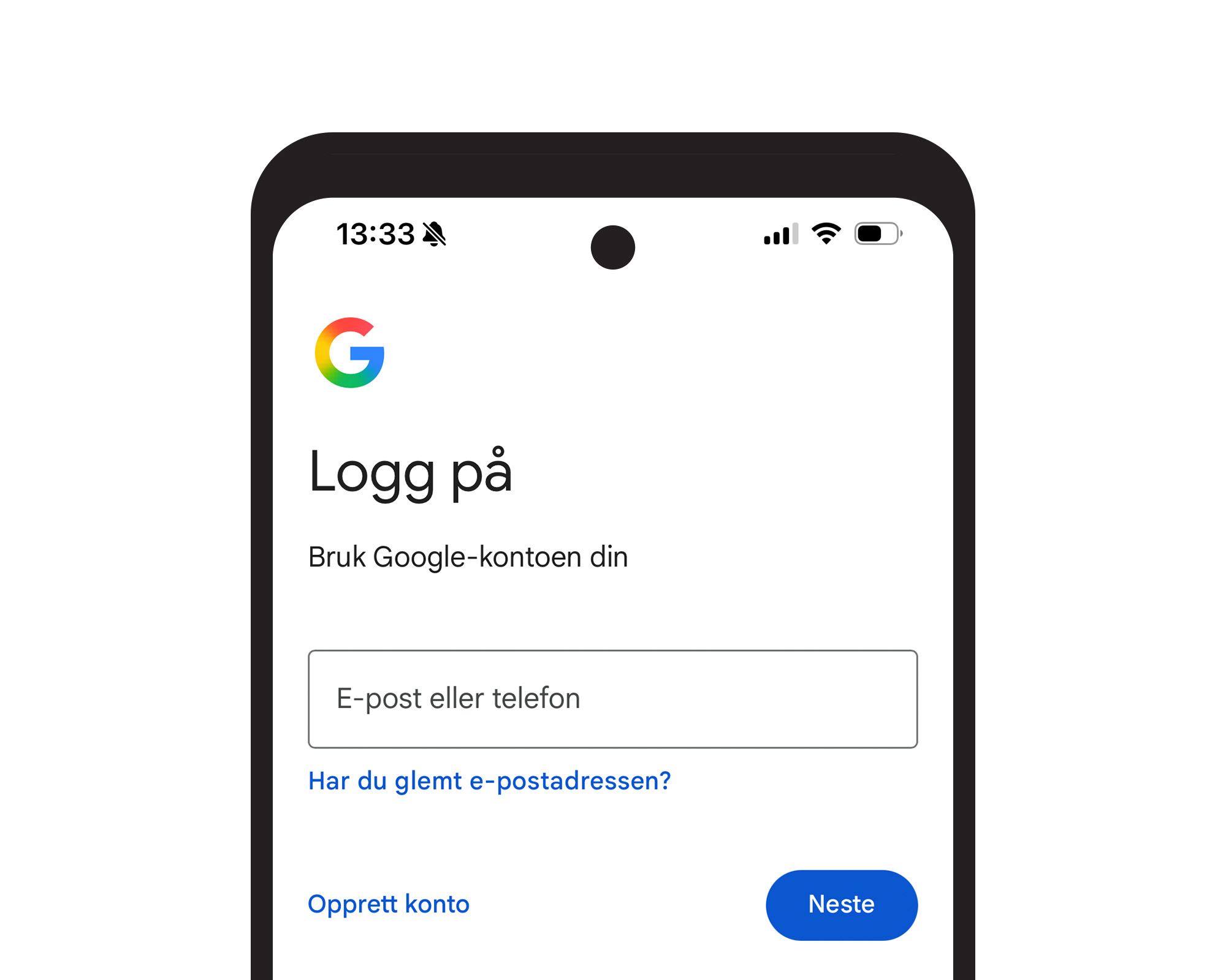 Mobilskjerm med Googles innloggingsside, der brukeren kan skrive inn e-postadresse eller telefonnummer og g&aring; videre.