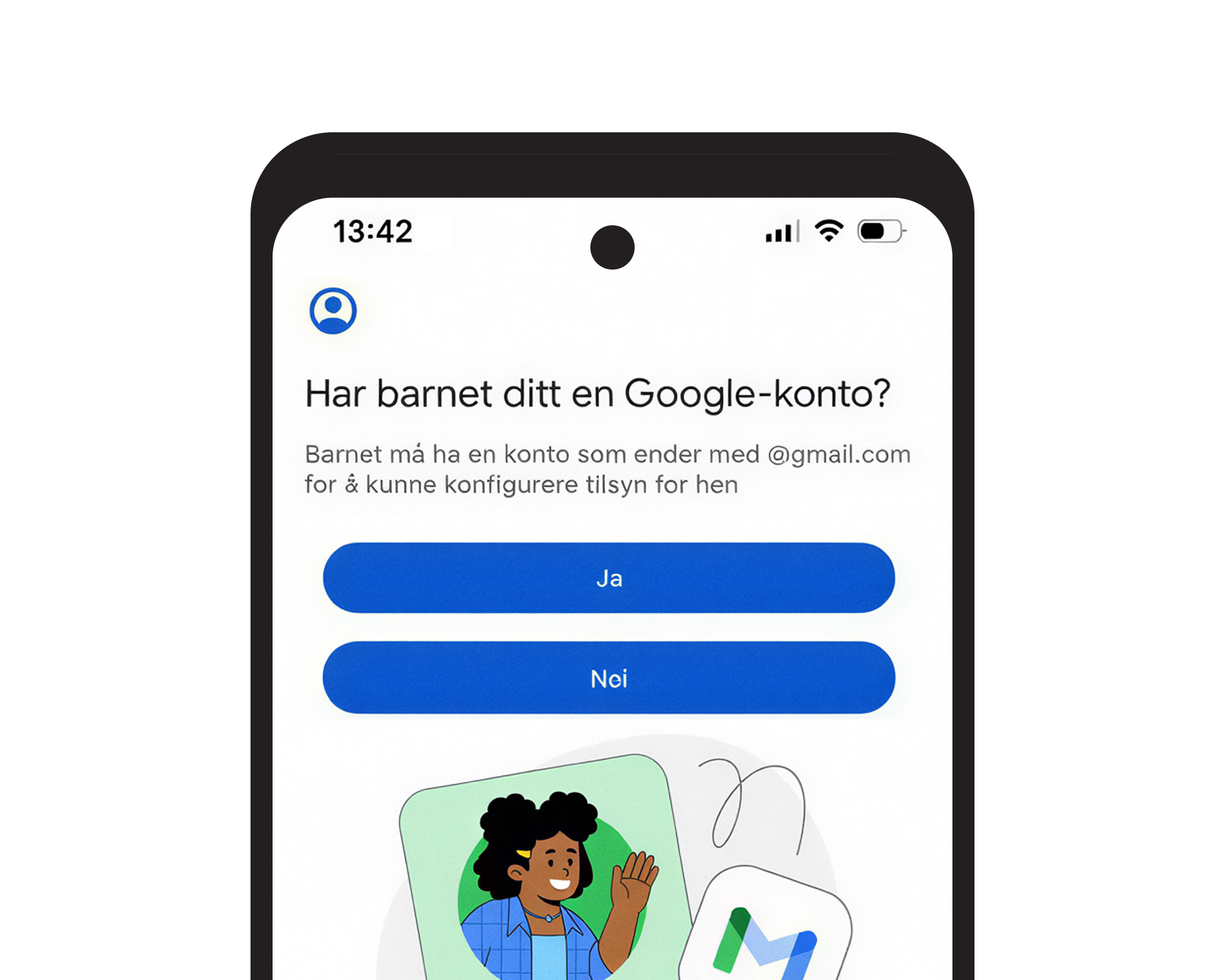 Mobilskjerm fra Google Family Link som spør om barnet har en Google-konto, med valgene «Ja» og «Nei».