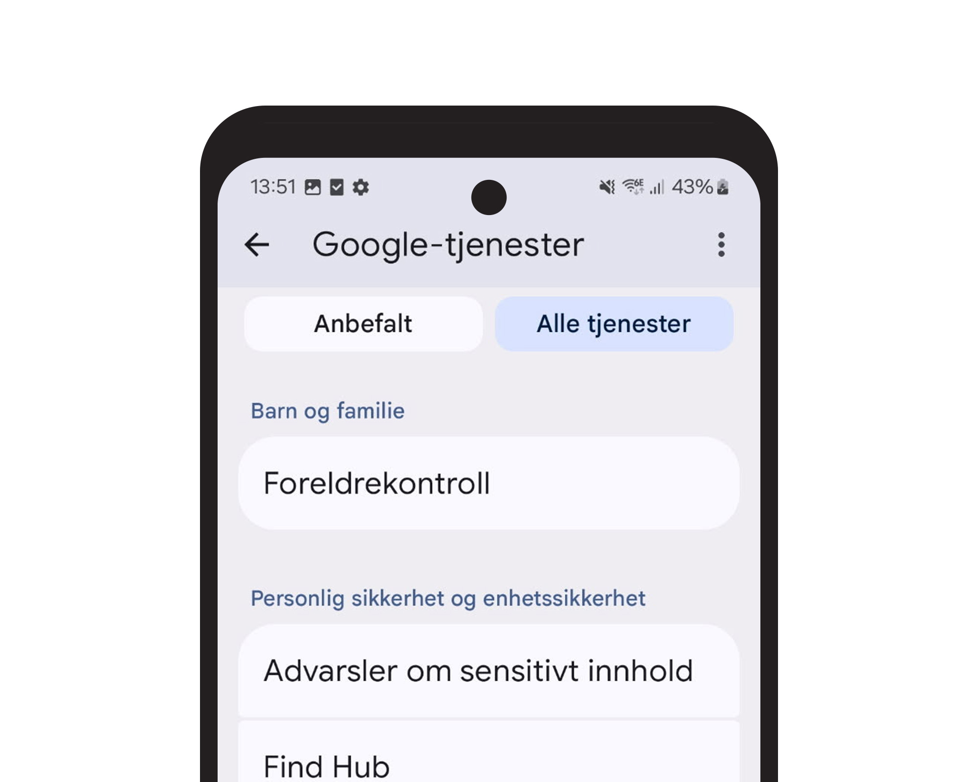 Mobilskjerm med oversikten &laquo;Google-tjenester&raquo;. Under &laquo;Barn og familie&raquo; vises valget &laquo;Foreldrekontroll&raquo;.