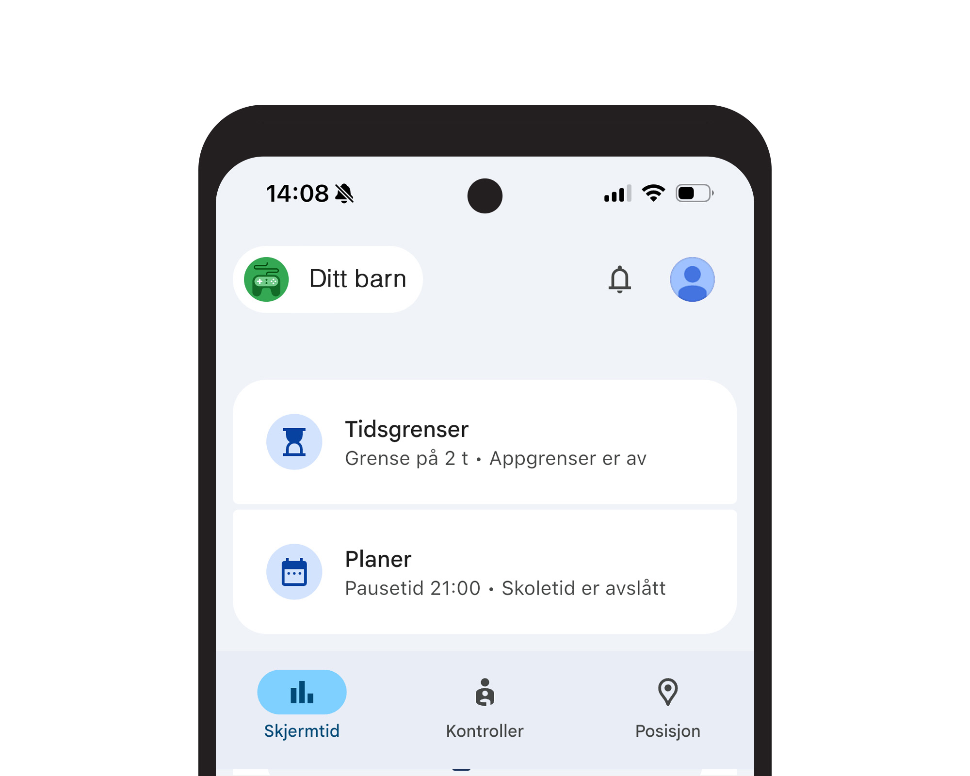 Mobilskjerm fra Google Family Link med oversikt over et barns innstillinger. Skjermtid er satt til to timer, og det vises valg for blant annet tidsgrenser, planer, kontroller og posisjon.