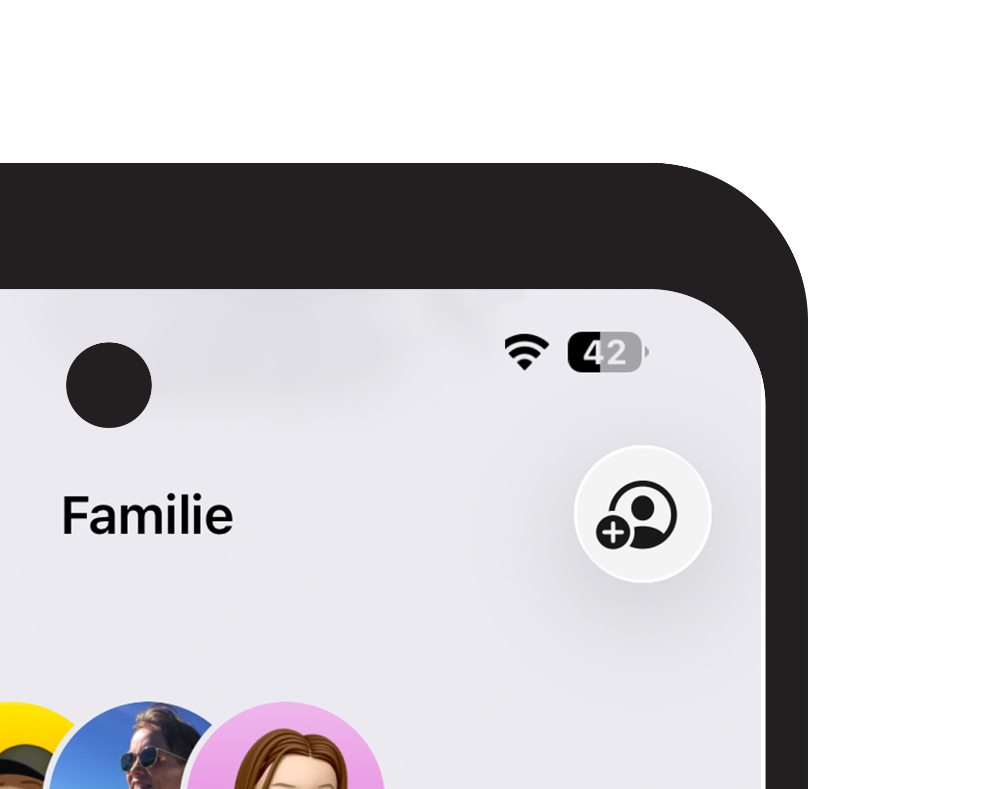 Mobilskjerm fra familieinnstillingene på iPhone, med overskriften «Familie» og knapp for å legge til et nytt familiemedlem.
