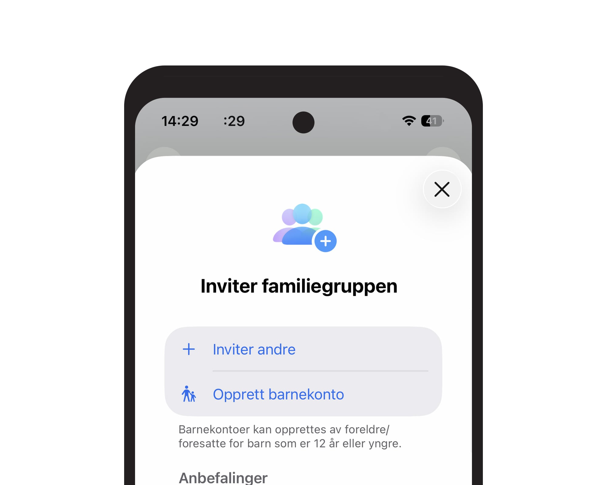 Skjermbilde av menyen &laquo;Inviter familiegruppen&raquo; p&aring; en mobiltelefon, med valgene &laquo;Inviter andre&raquo; og &laquo;Opprett barnekonto&raquo;. Det st&aring;r at barnekonto kan opprettes for barn som er 12 &aring;r eller yngre.