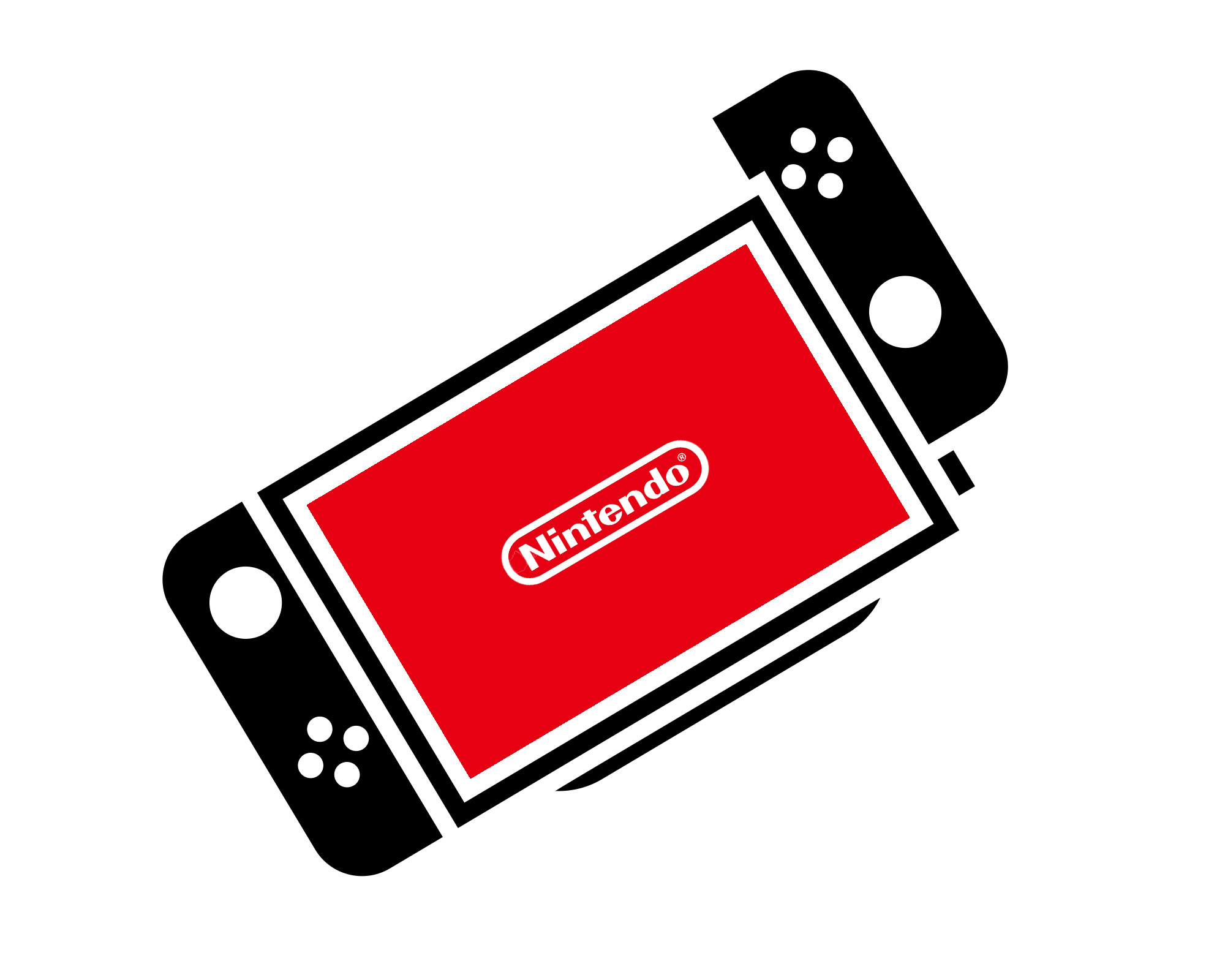 Stiliserte Nintendo Switch-kontrollere rundt en r&oslash;d skjerm med Nintendo-logo, p&aring; hvit bakgrunn.