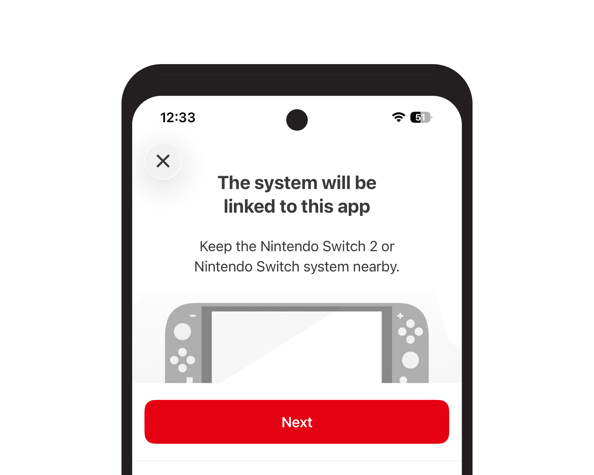 Mobilskjerm fra Nintendos foreldrekontroll som forklarer at Nintendo Switch eller Nintendo Switch 2 skal kobles til appen og m&aring; v&aelig;re i n&aelig;rheten. Nederst vises knappen &laquo;Next&raquo;.