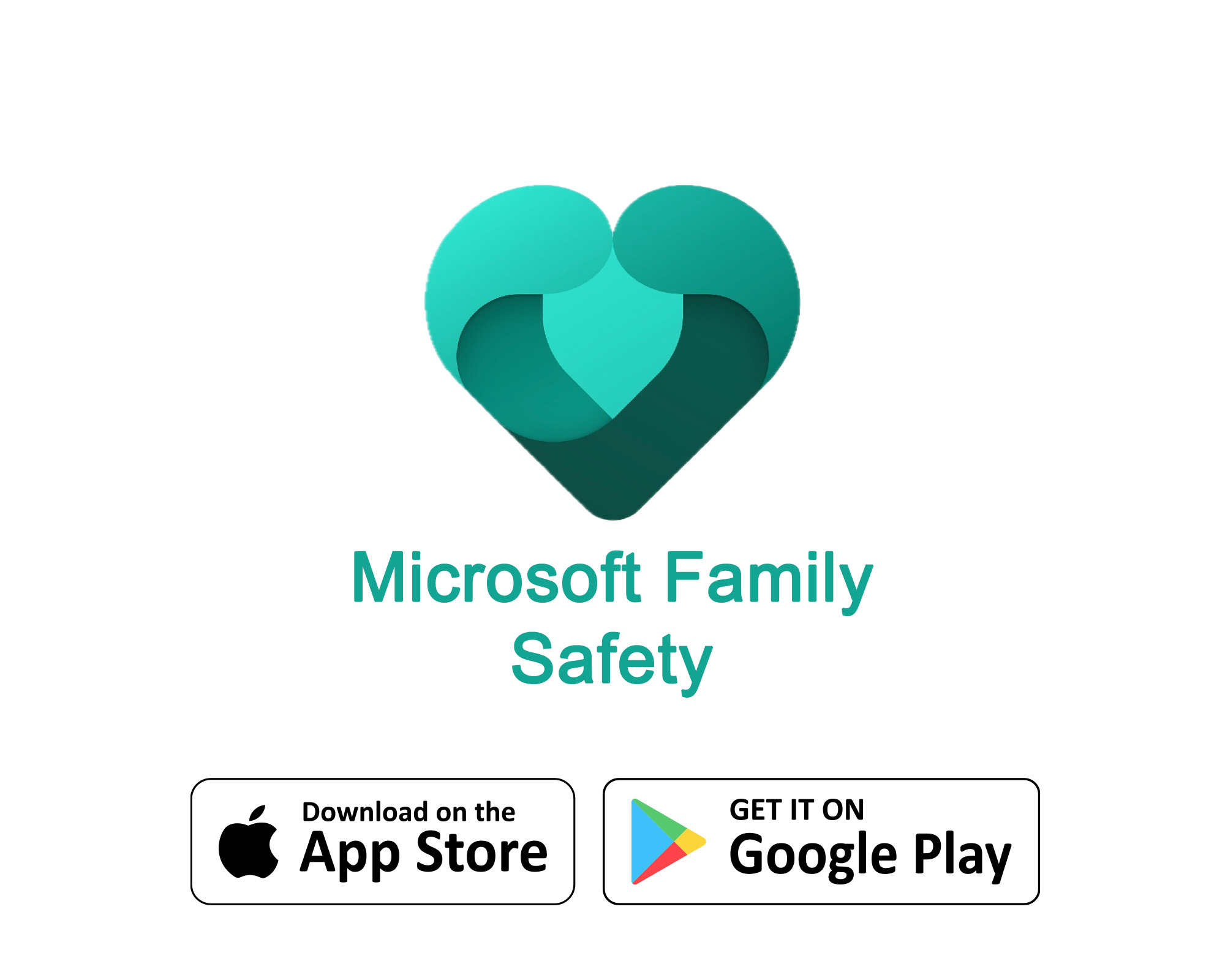 Microsoft Family Safety-logo med knapper for nedlasting fra App Store og Google Play.