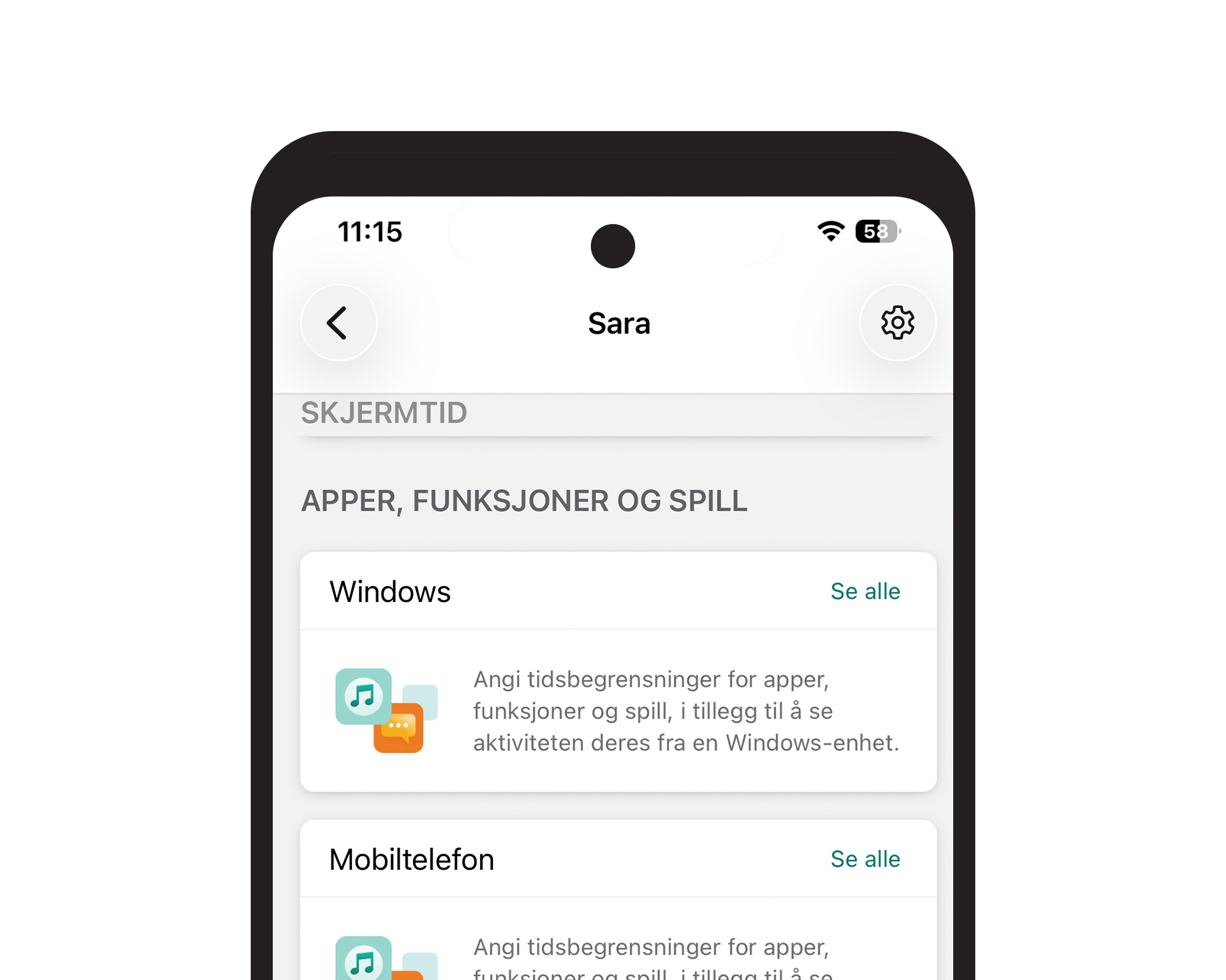 Mobilskjerm fra Microsoft Family Safety med innstillinger for barnet Sara. Under skjermtid vises valg for å angi tidsbegrensninger for apper, funksjoner og spill på Windows og mobiltelefon.