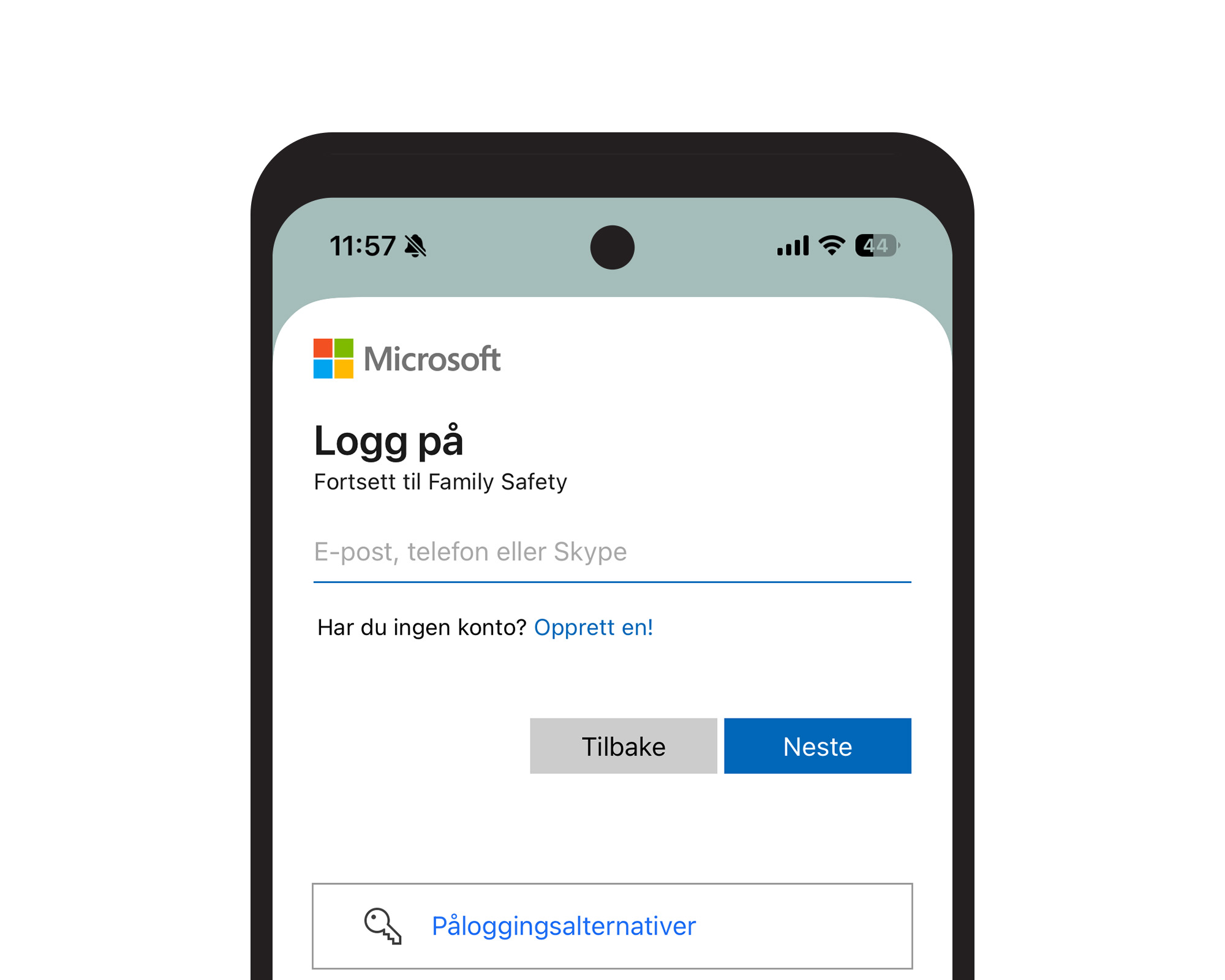 Mobilskjerm med Microsoft-innlogging til Family Safety. Brukeren kan logge inn med e-post, telefon eller Skype, eller opprette en ny konto.