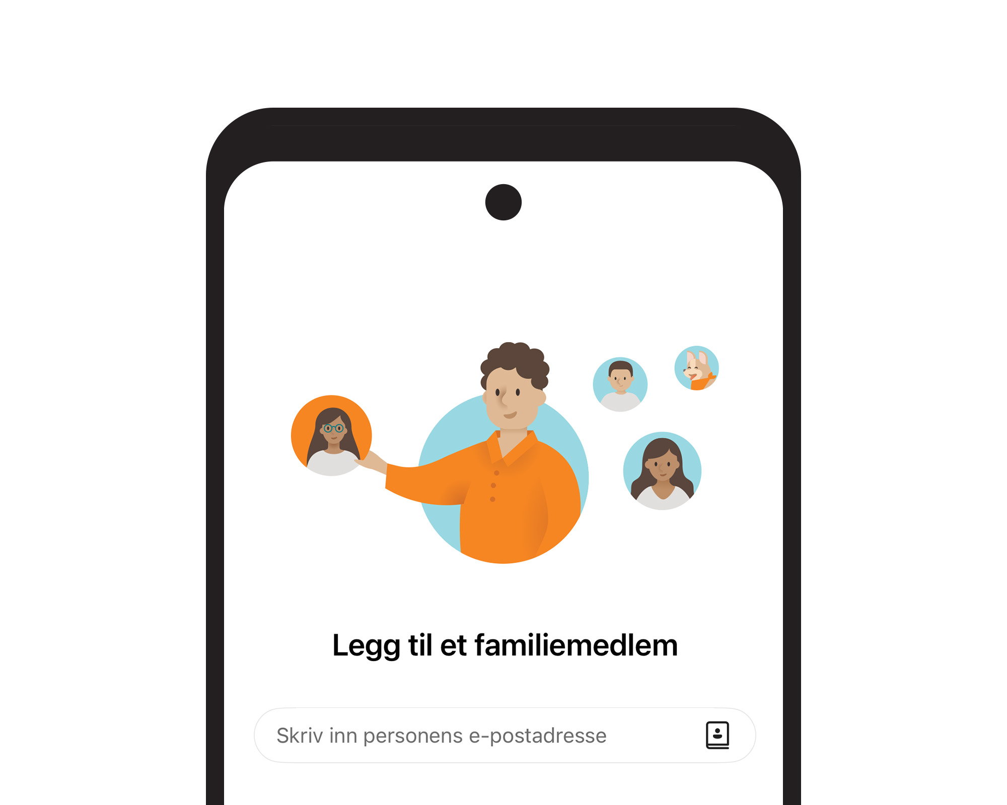 Mobilskjerm fra Microsoft Family Safety med valget &laquo;Legg til et familiemedlem&raquo;. En e-postadresse kan skrives inn for &aring; invitere personen til familiegruppen.