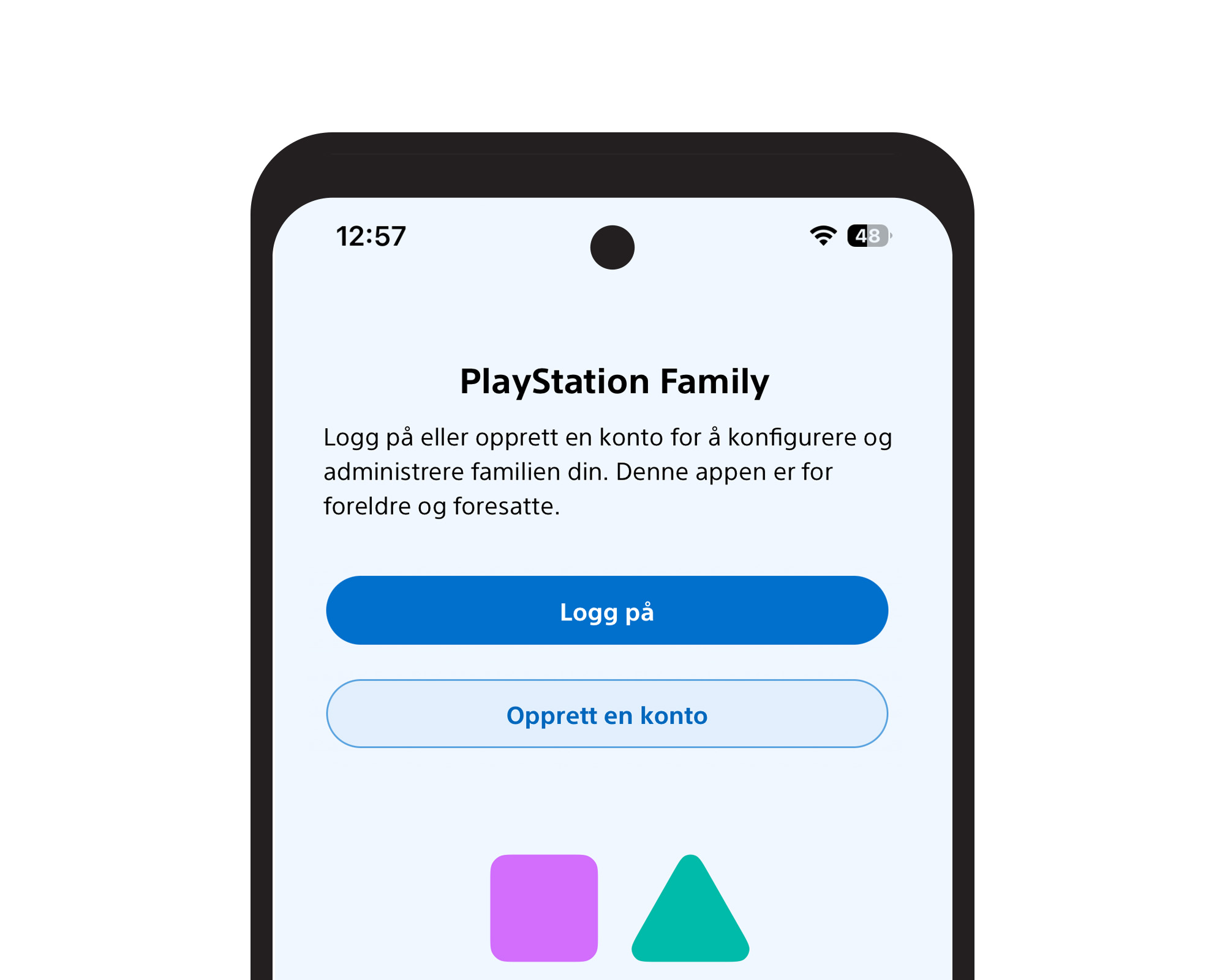 Mobilskjerm fra PlayStation Family som ber brukeren logge inn eller opprette en konto for &aring; konfigurere og administrere familien.