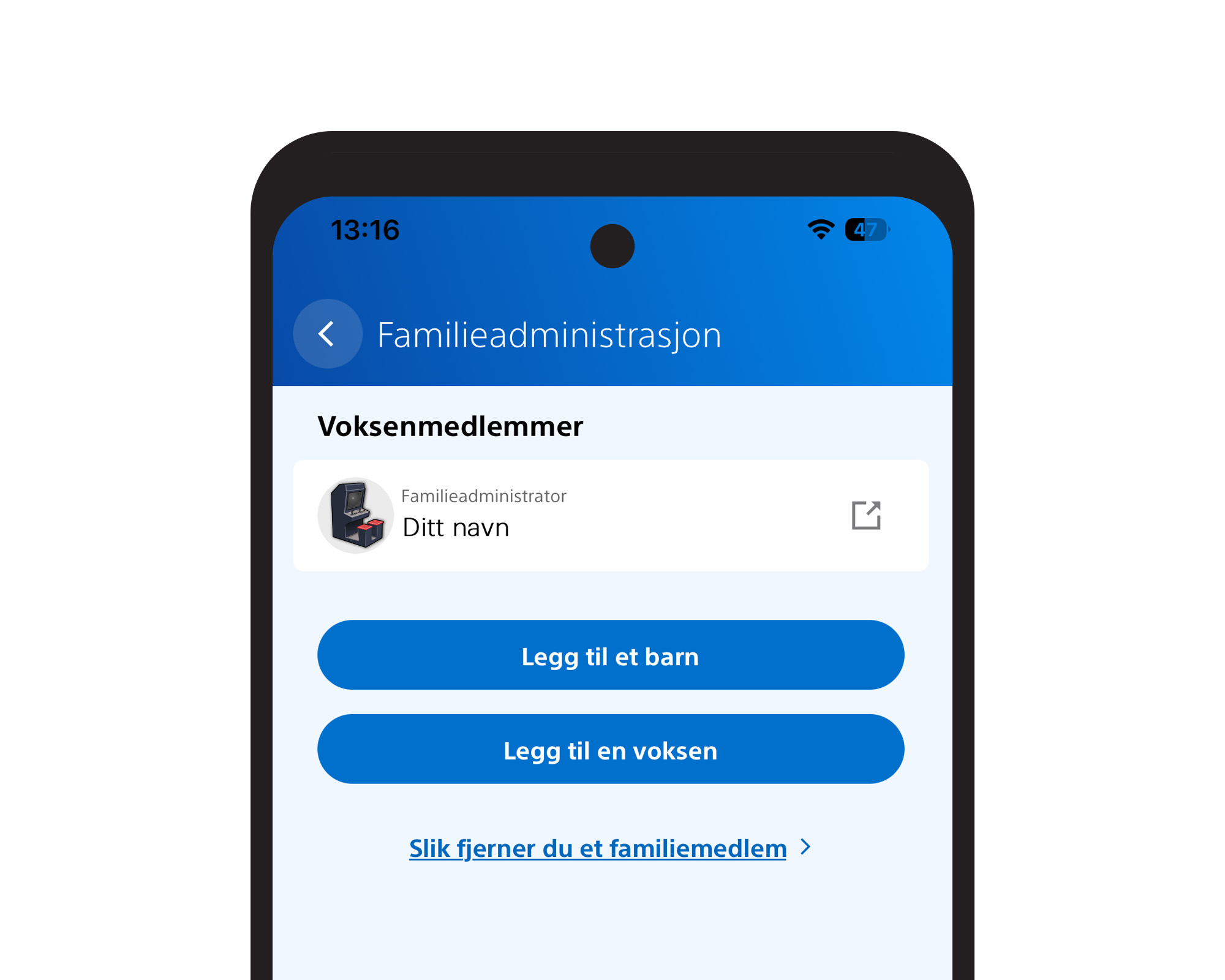 Mobilskjerm med familieadministrasjon i PlayStation Family. En familieadministrator vises, med knapper for &aring; legge til et barn eller en voksen.