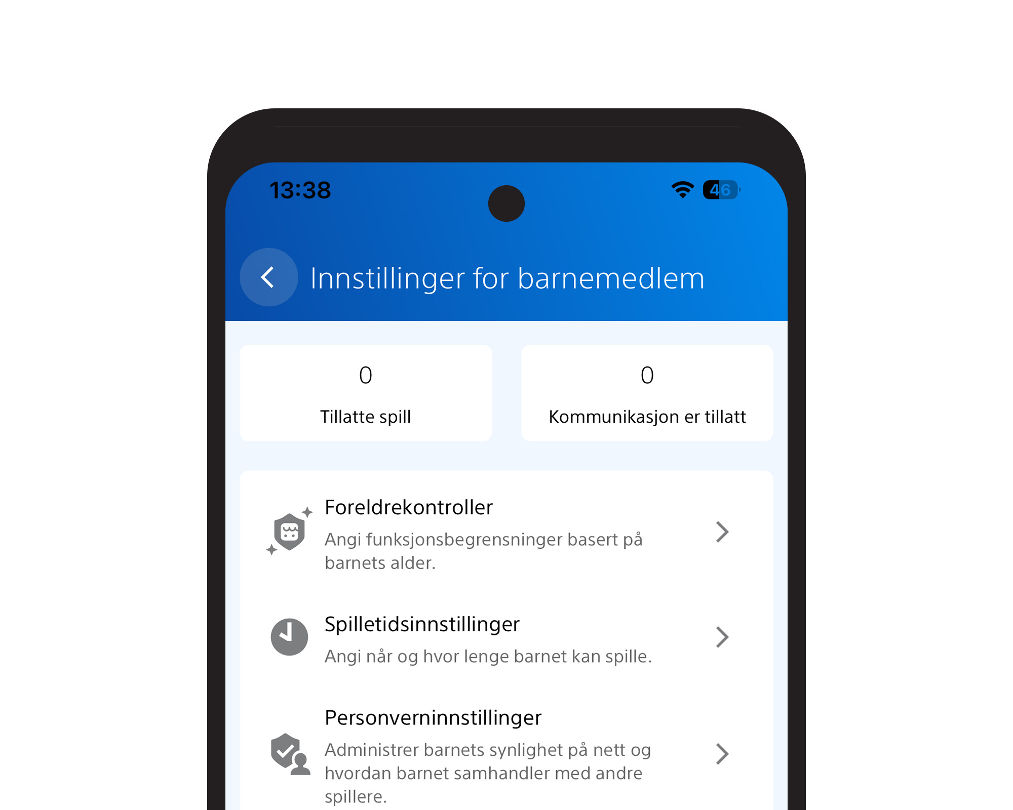 Mobilskjerm med innstillinger for et barn i PlayStation Family. Det vises valg for foreldrekontroller, spilletidsinnstillinger og personverninnstillinger.