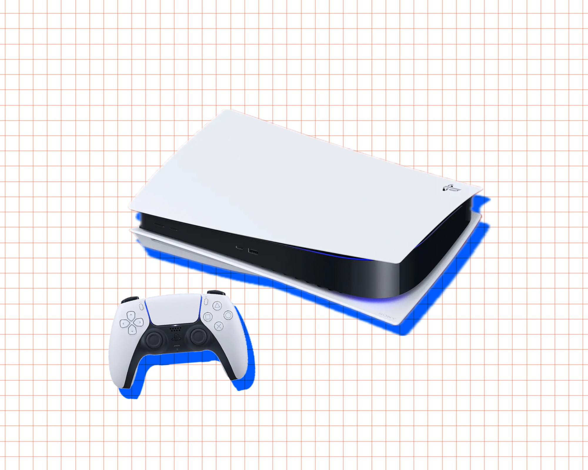 Illustrasjon av en PlayStation 5-konsoll og håndkontroller.
