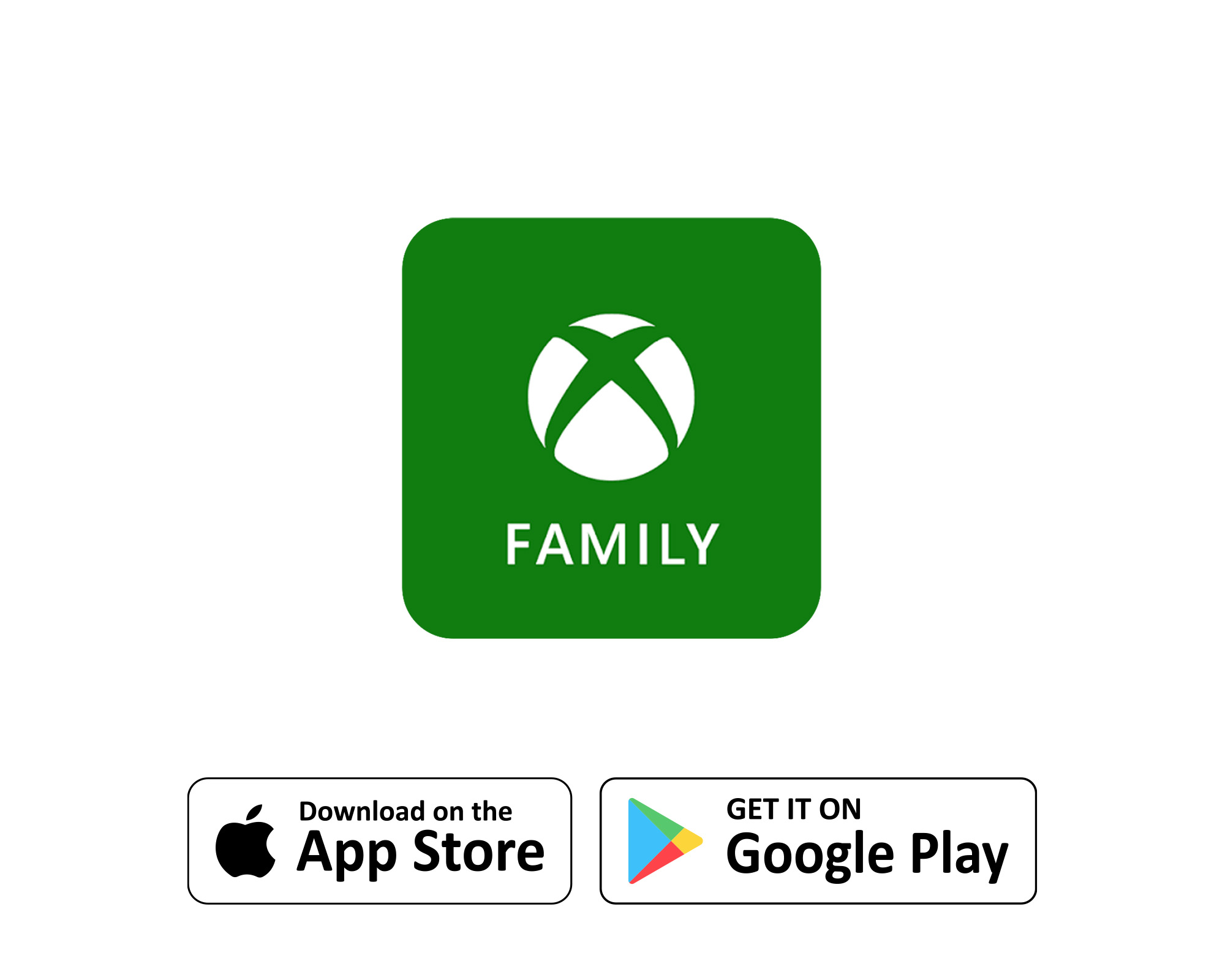 Xbox Family-logo p&aring; gr&oslash;nn bakgrunn, med knapper for nedlasting fra App Store og Google Play.