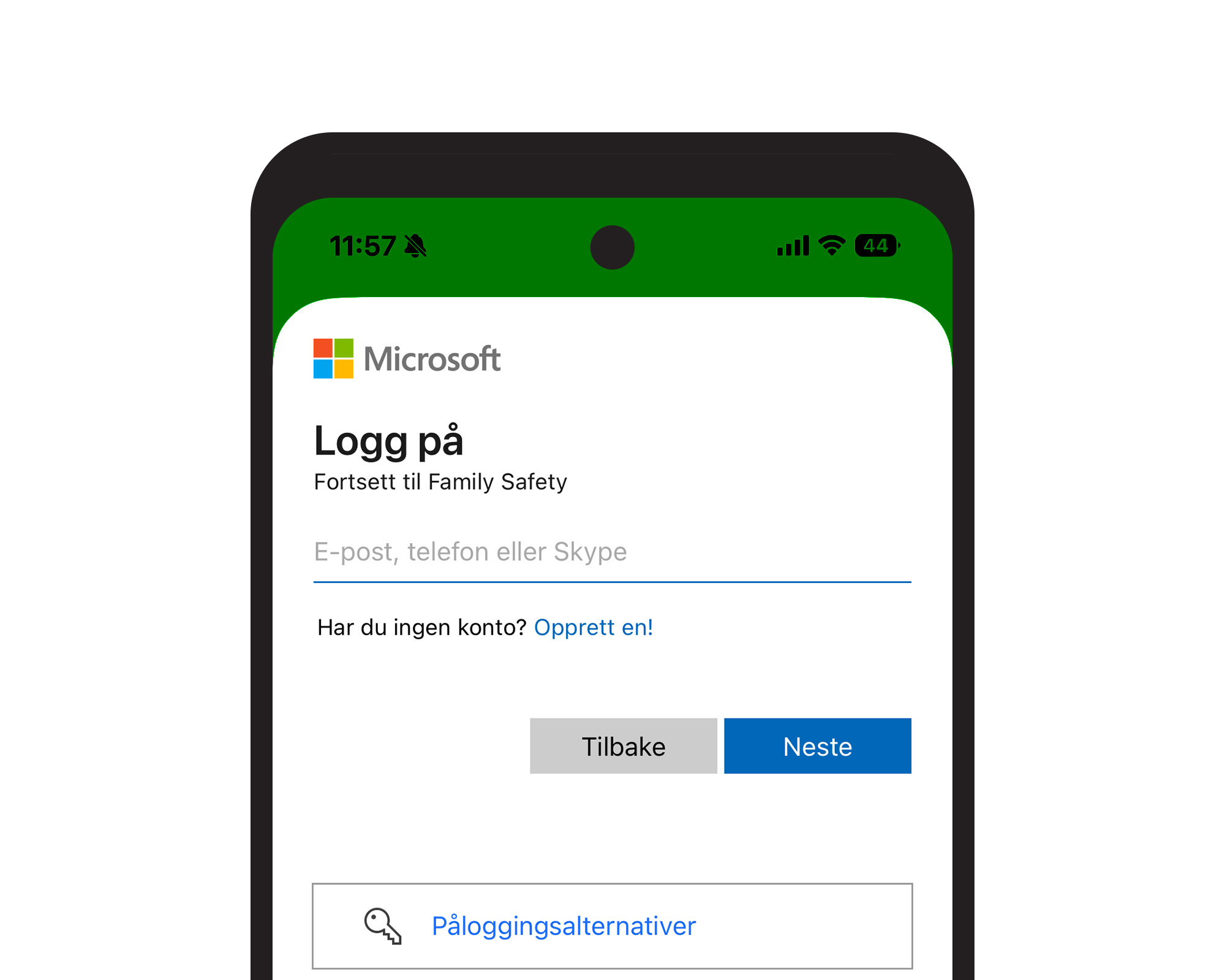 Mobilskjerm med Microsoft-innlogging til Family Safety. Brukeren kan logge inn med e-post, telefon eller Skype, eller opprette en ny konto.