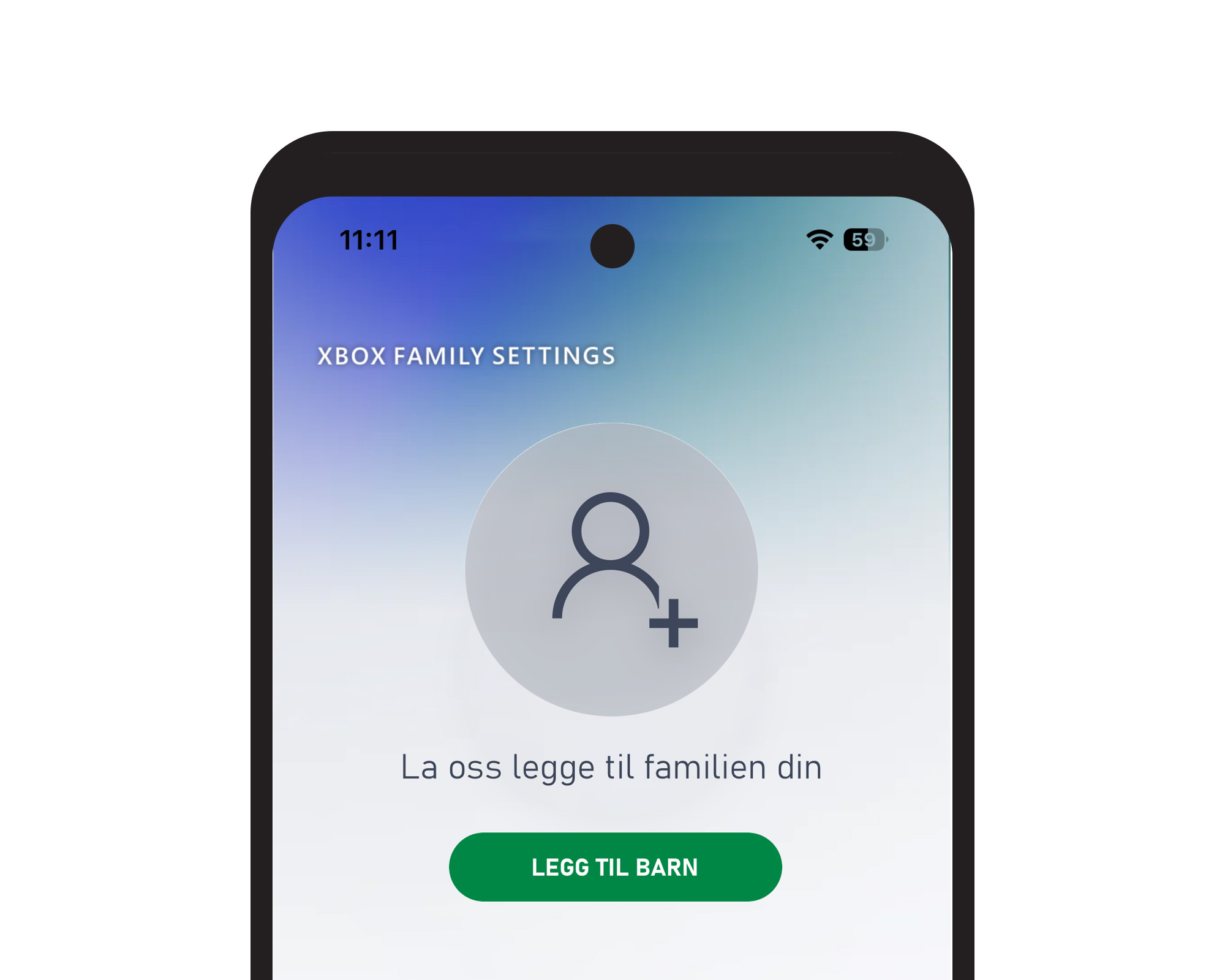 Mobilskjerm fra Xbox Family Settings med teksten &laquo;La oss legge til familien din&raquo; og en knapp for &aring; legge til et barn.