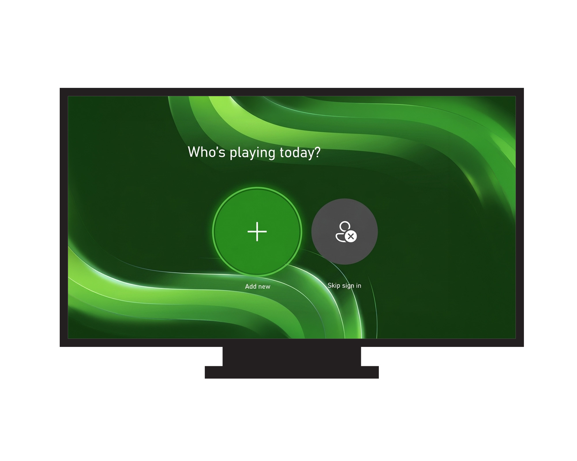 TV-skjerm fra Xbox med sp&oslash;rsm&aring;let &laquo;Who&rsquo;s playing today?&raquo; og valg for &aring; legge til en ny bruker eller fortsette uten &aring; logge inn.