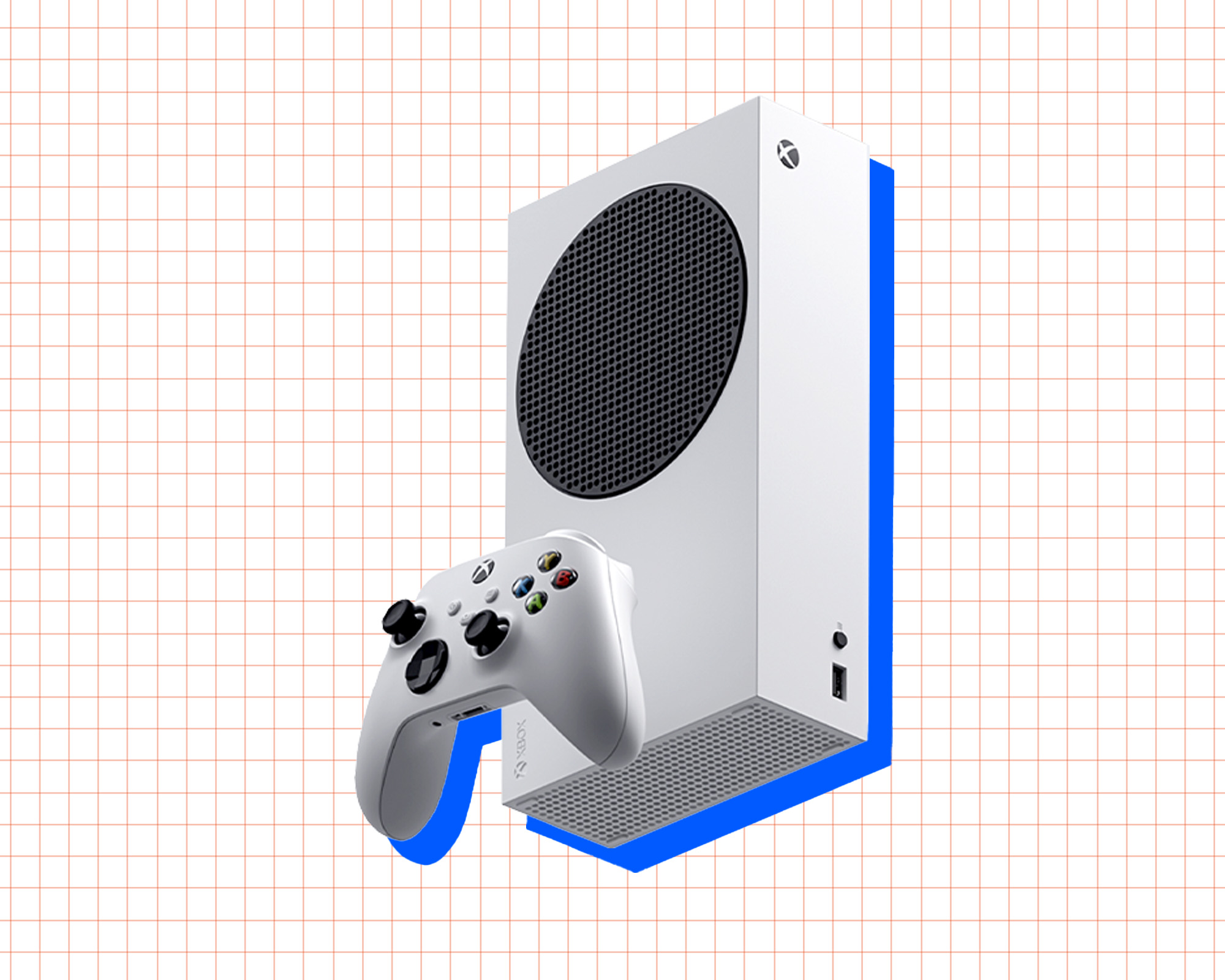 Illustrasjon av en Xbox-konsoll og håndkontroller.